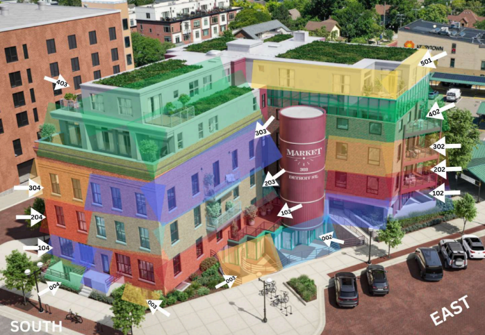 Architectural rendering of a multi-story building, color-coded sections labeled with arrows, green rooftop.