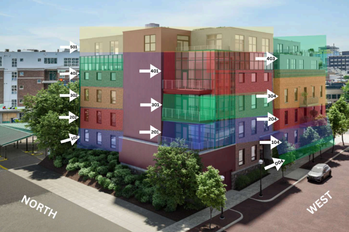 Multi-colored apartment building with arrows indicating its sides. Directional labels: North and West.