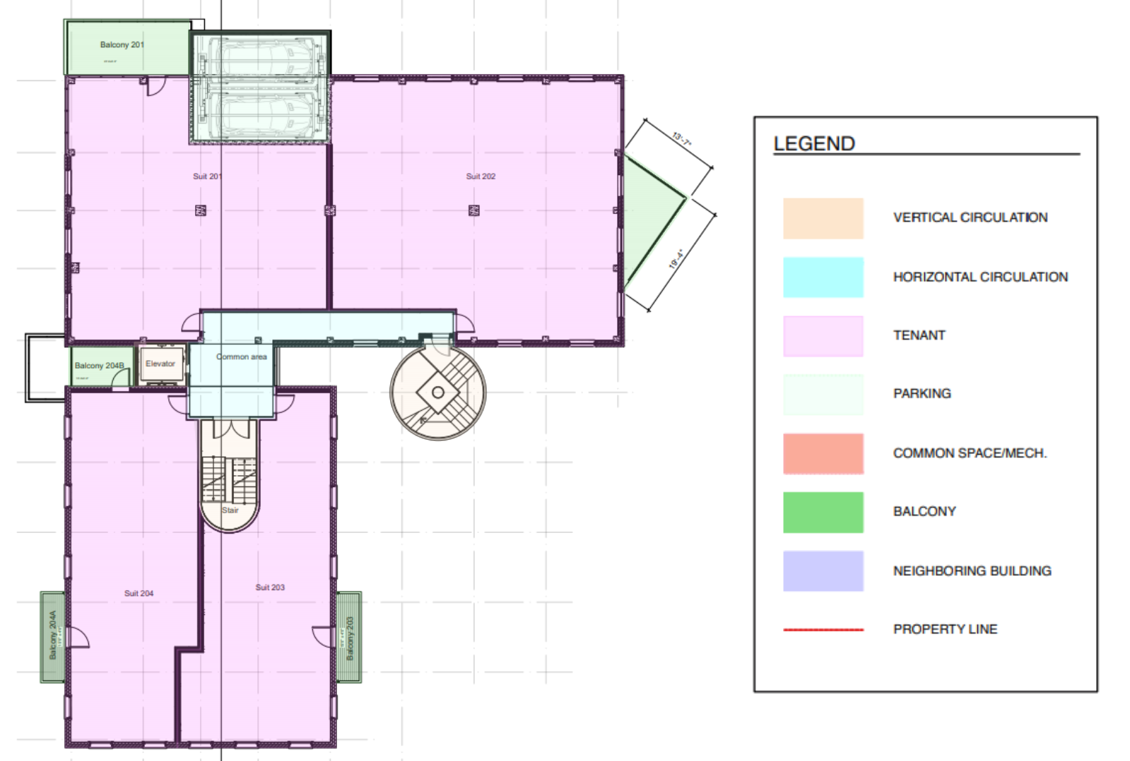 Architectural floor plan with rooms, terrace, and circulation areas. Colors indicate zones; legend on right.