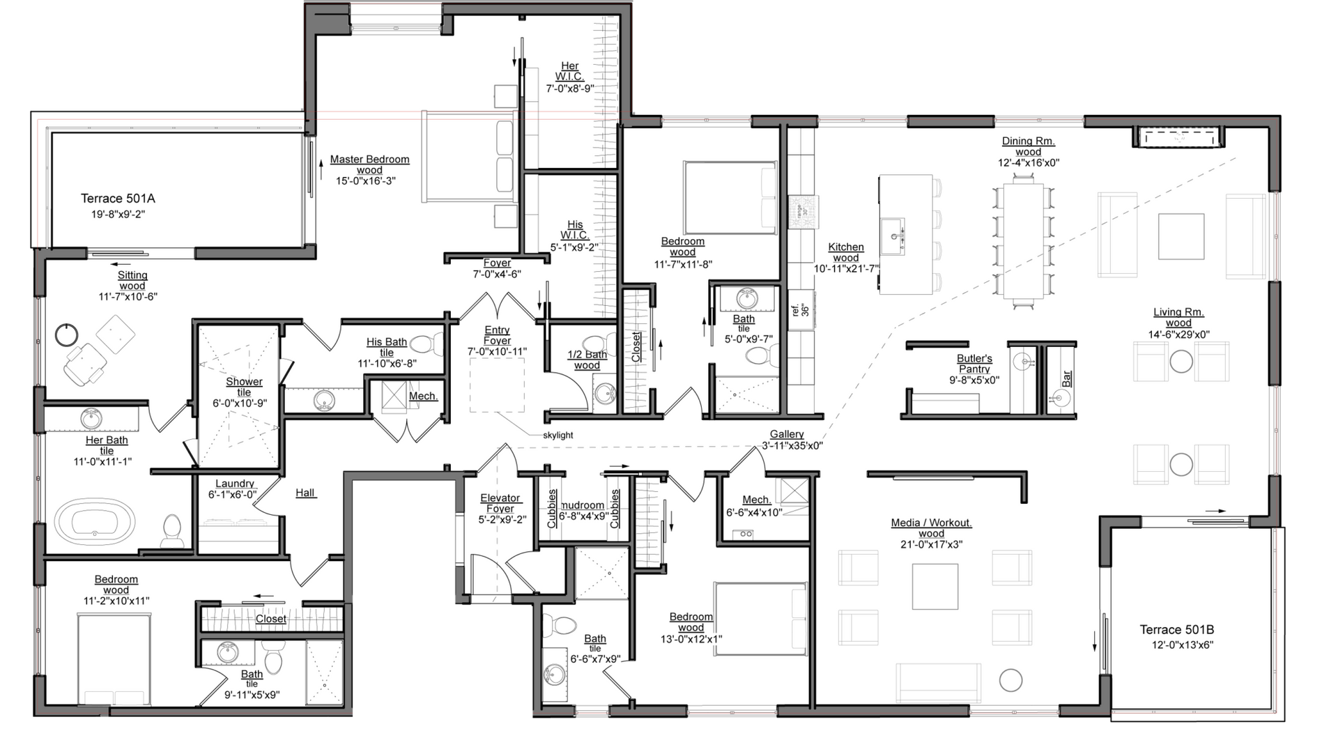 Floor plan of a house with various rooms labeled, including bedrooms, bathrooms, and a kitchen.