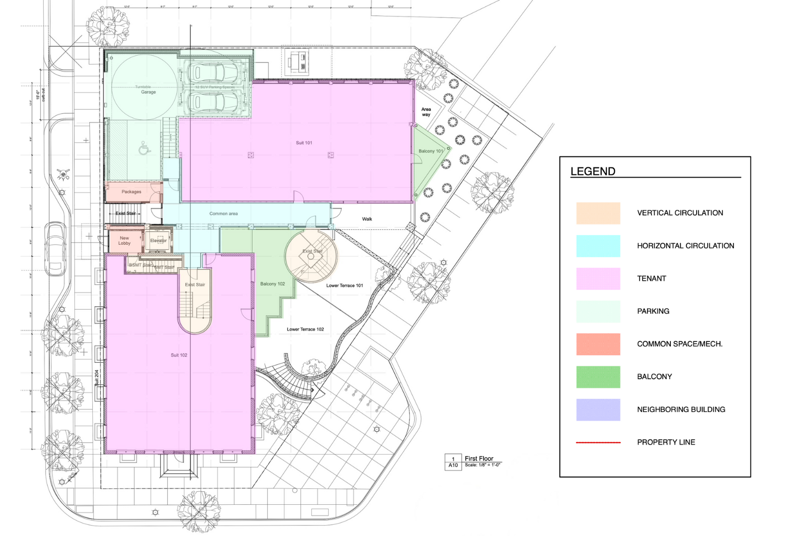 Architectural floor plan of a building and surrounding landscape; labeled areas include entry, plaza, garden and parking.
