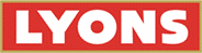 A red sign that says lyons in white letters