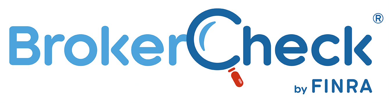 BrokerCheck logo: blue text with magnifying glass graphic, 