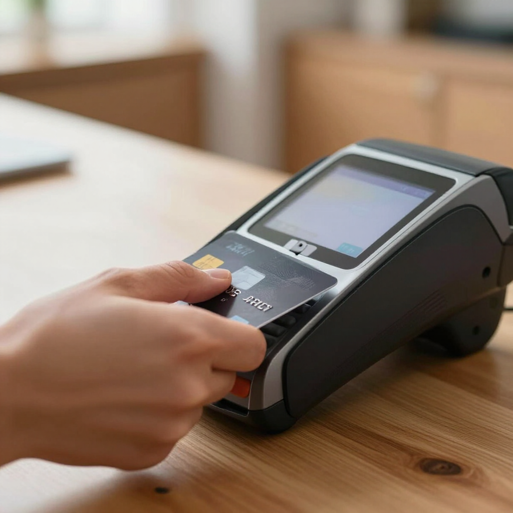 A hand holds a payment card over a black card reader on a wooden table.