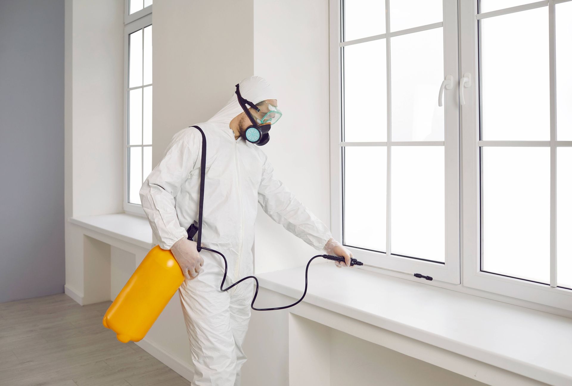 Pest control technician in protective suit spraying insecticide along indoor window frame. Pest control technician in protective suit spraying insecticide along indoor window frame.