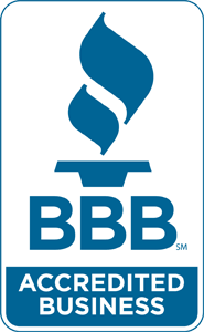 A blue and white bbb accredited business logo