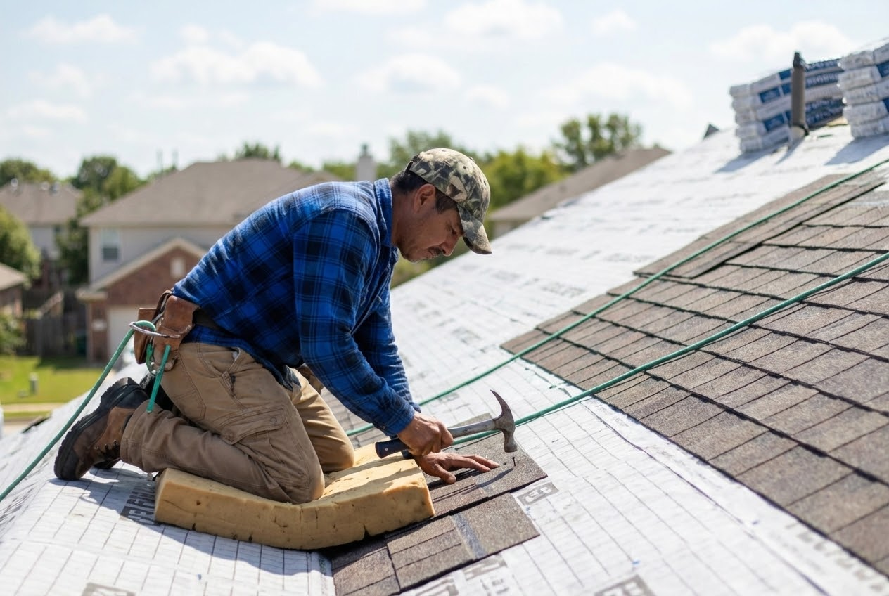Roofer repairing slate roof, using a hammer, in a residential neighborhood on a sunny day.