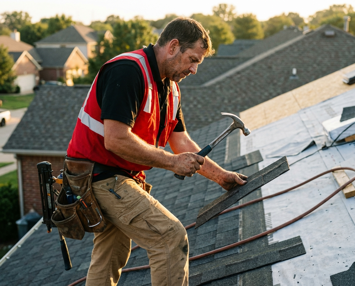 Roofer in safety gear installing solar panels on a rooftop. Blue sky with clouds.