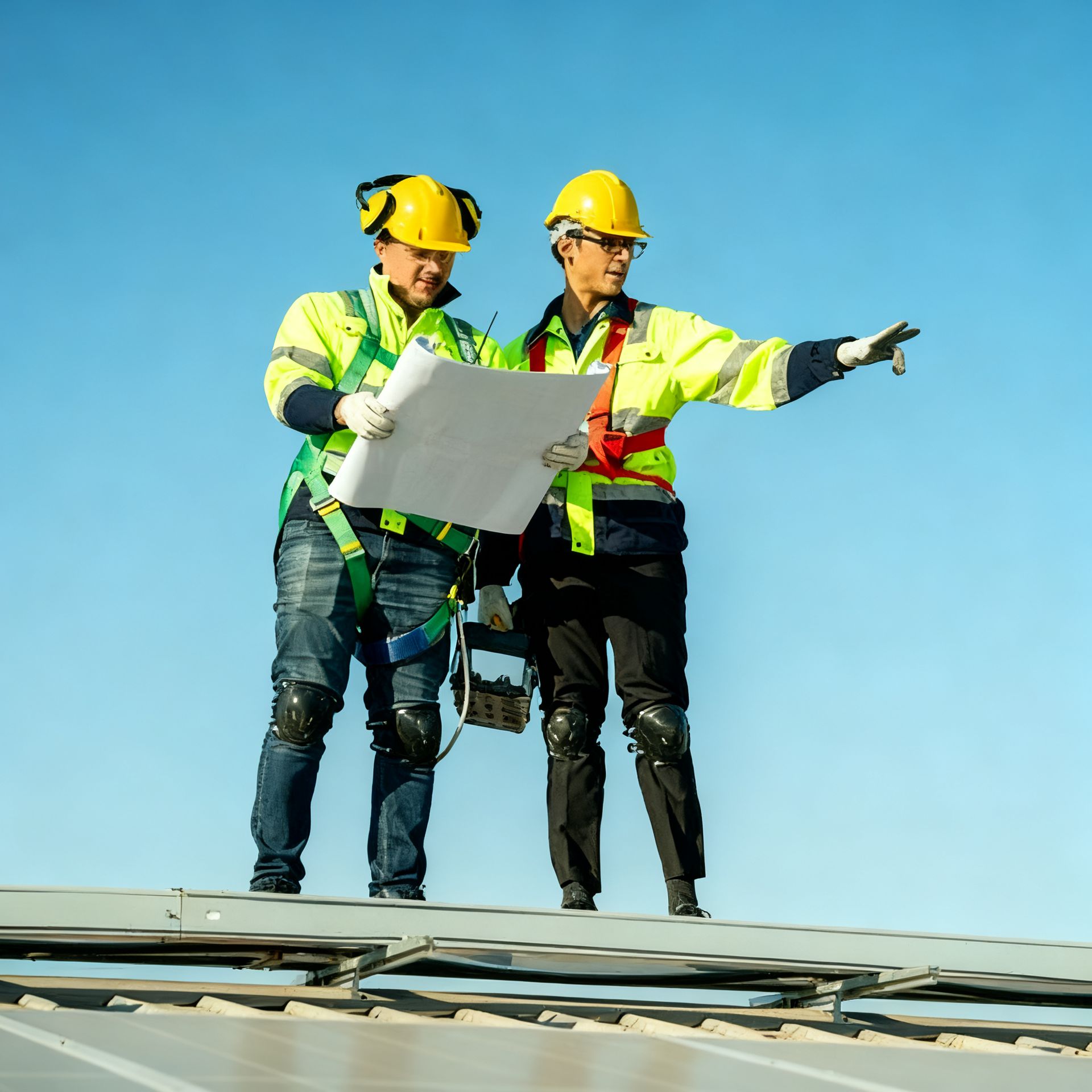Man in work overalls and tool belt smiles, hands on hips.