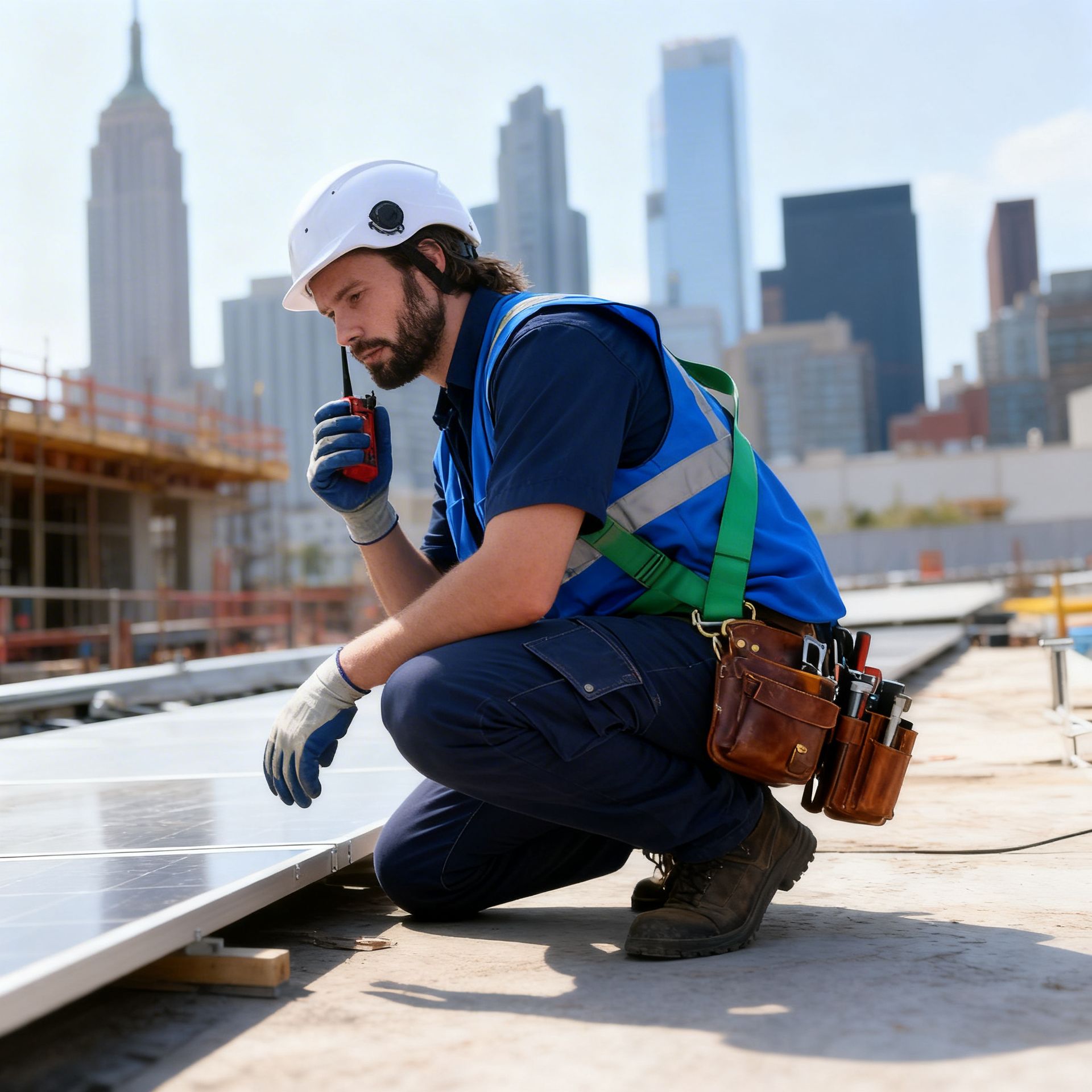 Two construction workers on a rooftop, studying blueprints under a blue sky. One points, the other holds the paper.