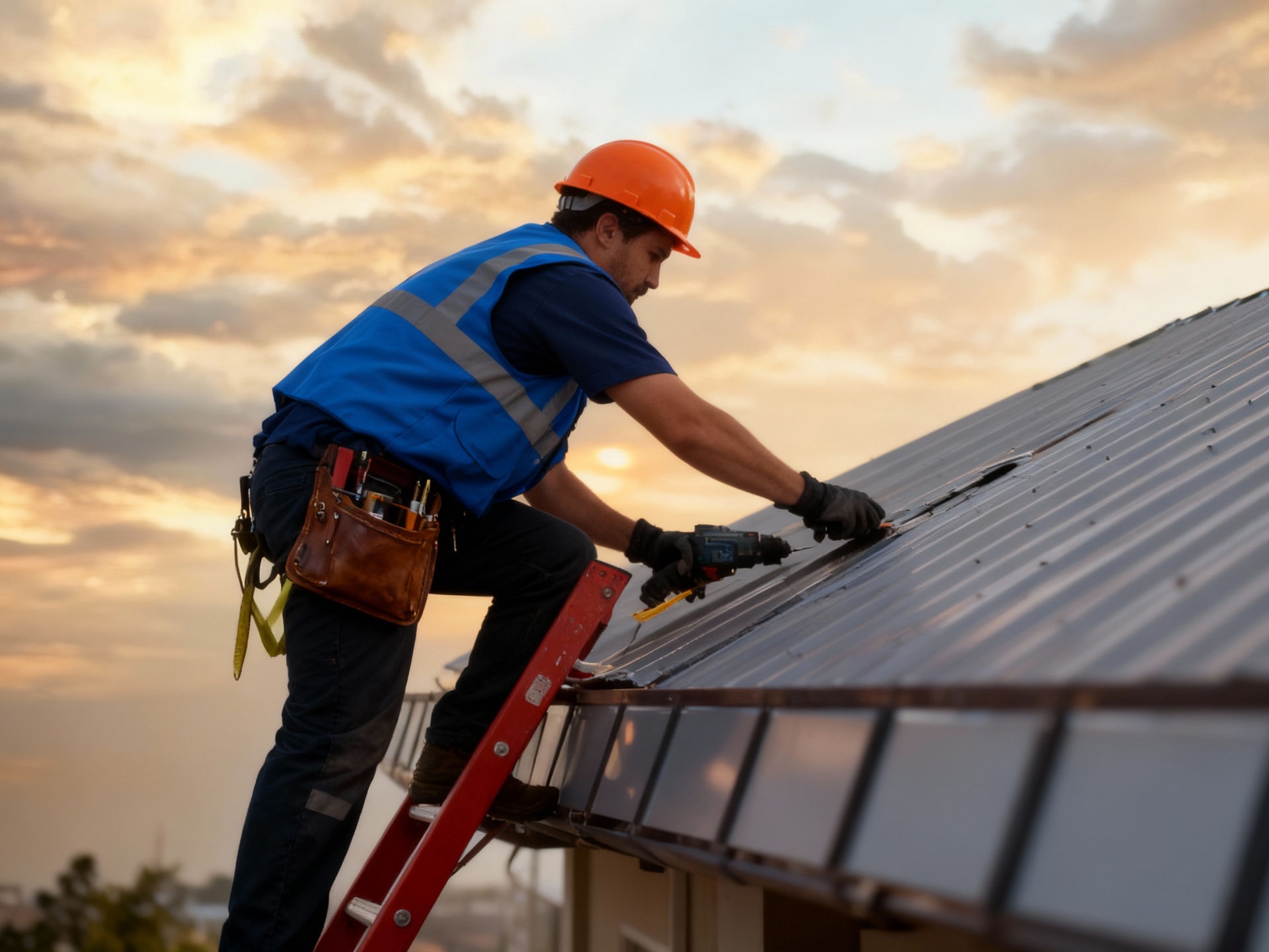 Roofer in hard hat and vest, hammering metal gutter on a rooftop. Sunset.