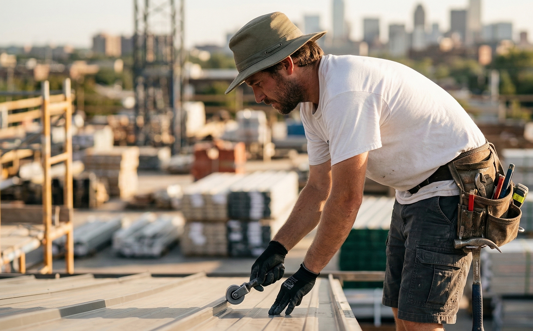 Roofer inspecting a dark roof with a flashlight, wearing a safety harness, yellow hard hat, and kneeling near paperwork.