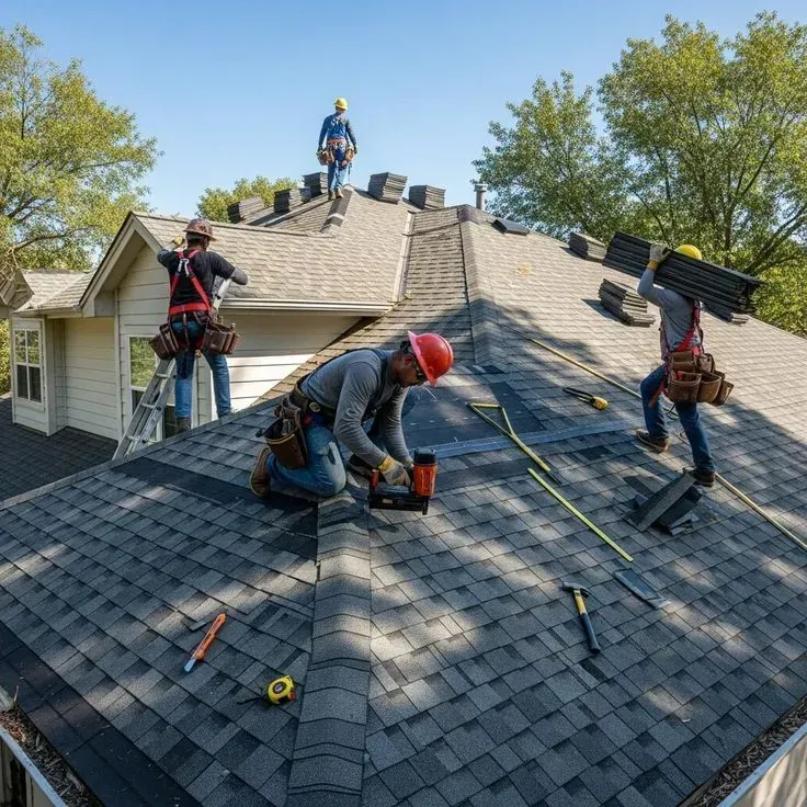 Person on ladder repairing roof of a house, surrounded by autumn trees under a blue sky.