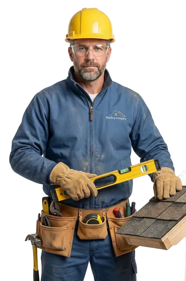 Construction worker with tools, level, and shingle, wearing safety gear, posing against white background.