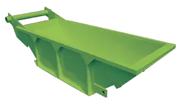 A lime-green, heavy-duty industrial hopper or trough with reinforced side ribs and attachment points on a white background.