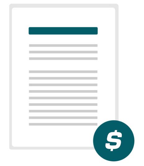 A document icon with a dark teal header and a matching teal circle containing a white dollar sign symbol in the corner.