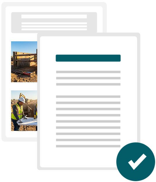 Two document pages with construction site photos, overlaid with a green checkmark icon indicating approval or completion.