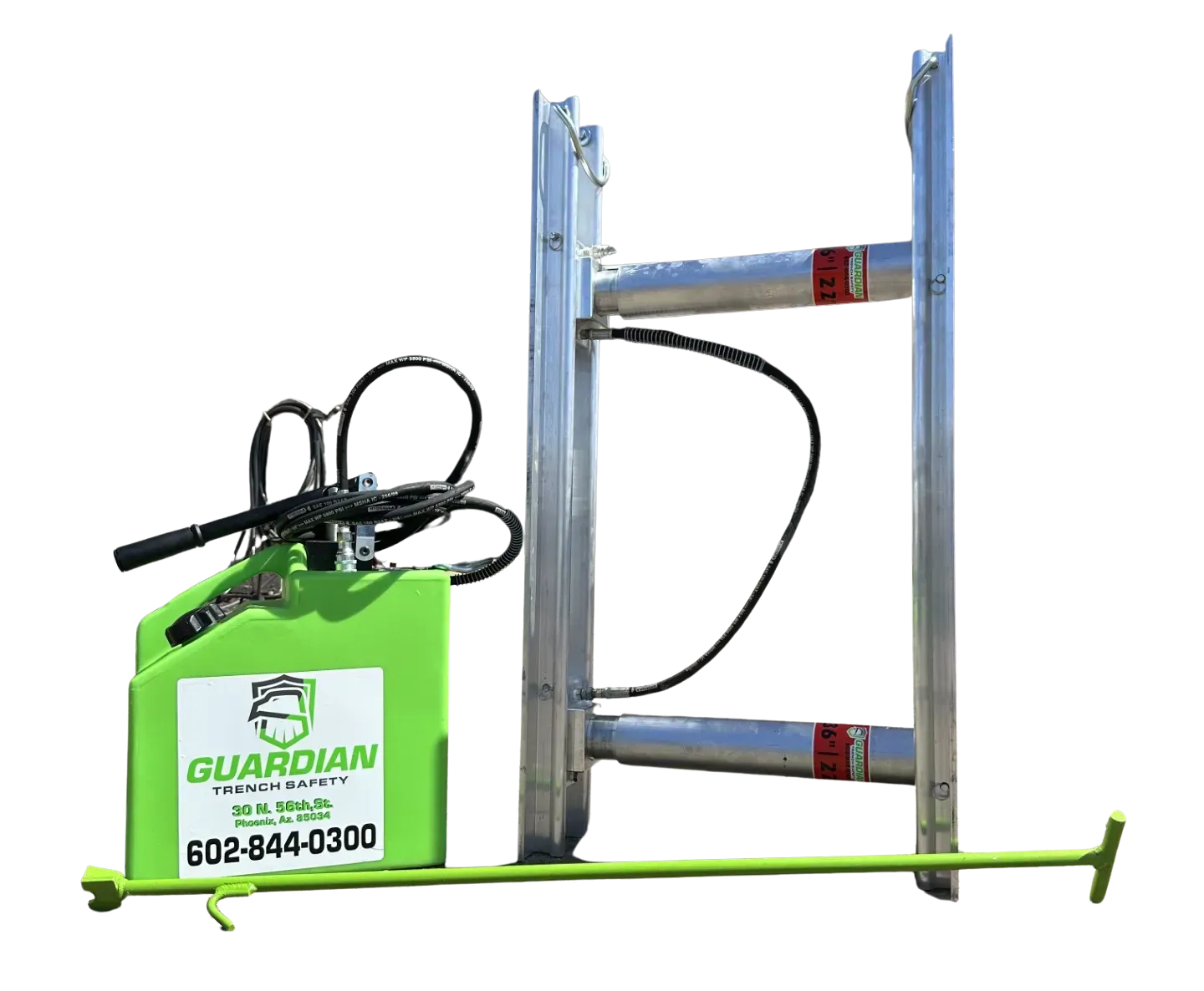 A Guardian brand portable hydraulic door-opening tool with a green pump, metal ladder frame, and a long manual pry bar.
