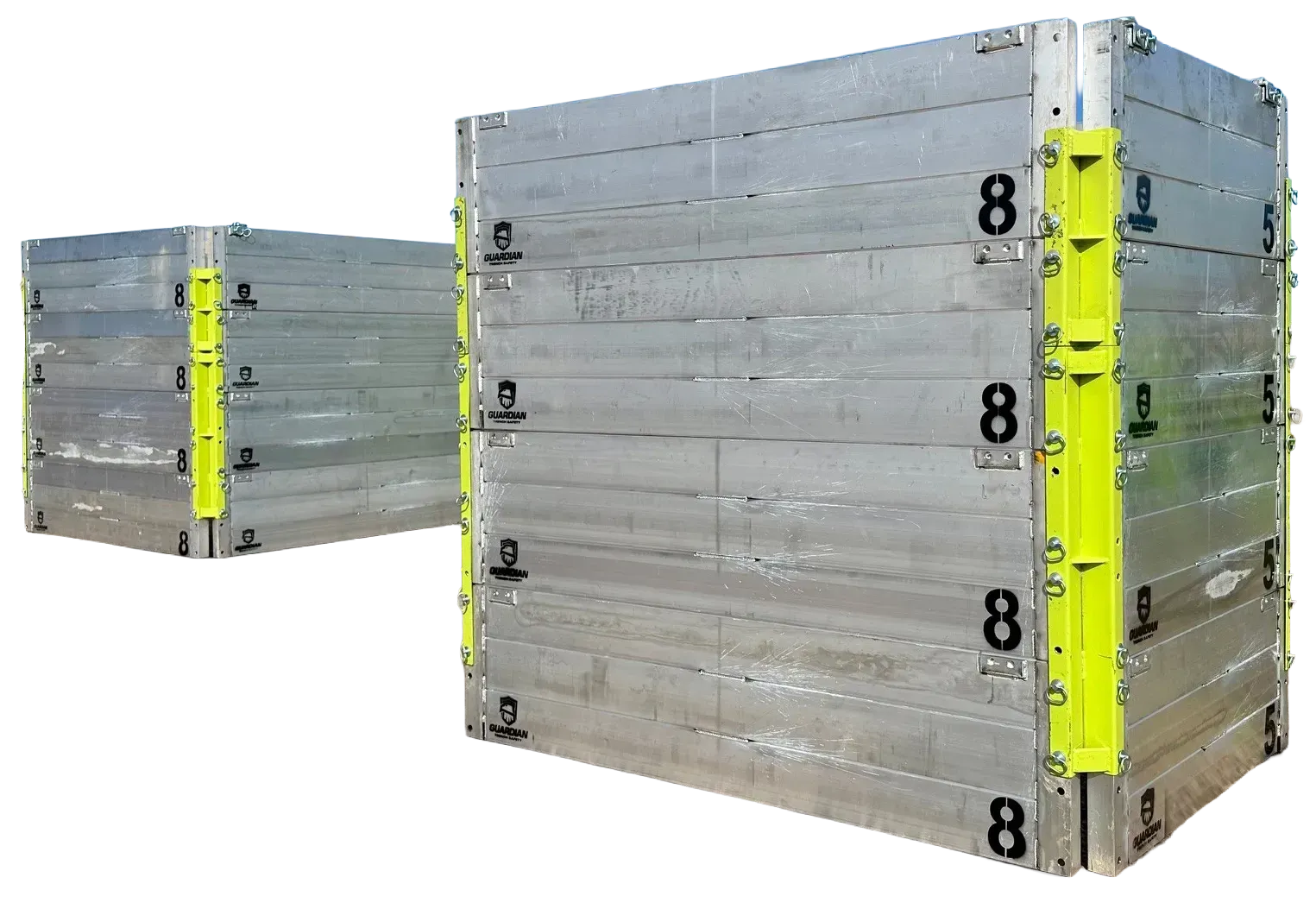 Two modular aluminum trench boxes with bright yellow corner connectors, stacked side-by-side against a white background.