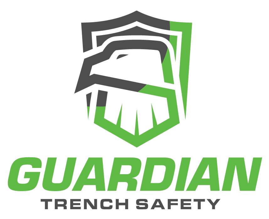 Logo for Guardian Trench Safety featuring a stylized eagle head integrated into a shield, colored in gray and lime green.
