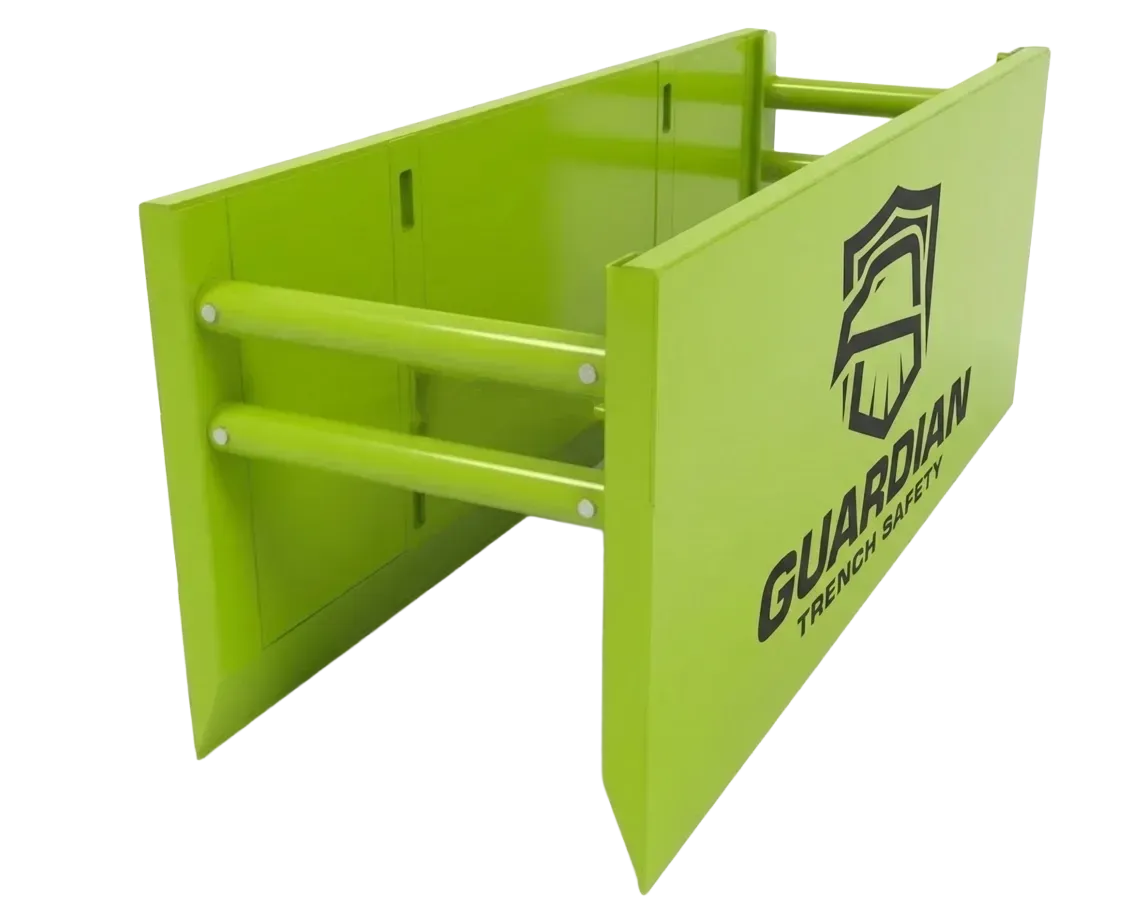 A lime-green metal trench box with two horizontal support bars and the Guardian Trench Safety logo on the side.