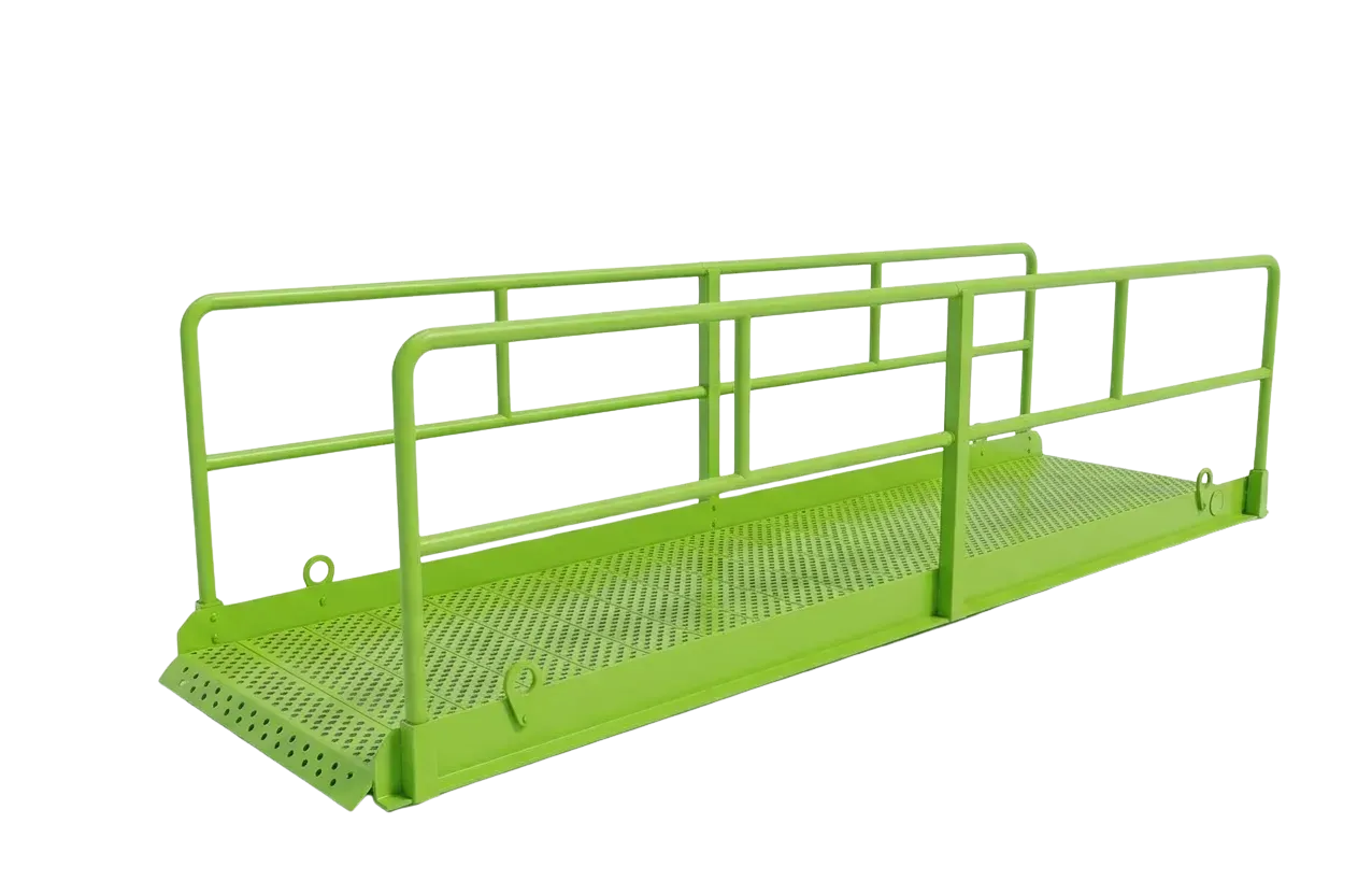 A lime green metal pedestrian walkway bridge with safety railings on both sides against a white background.