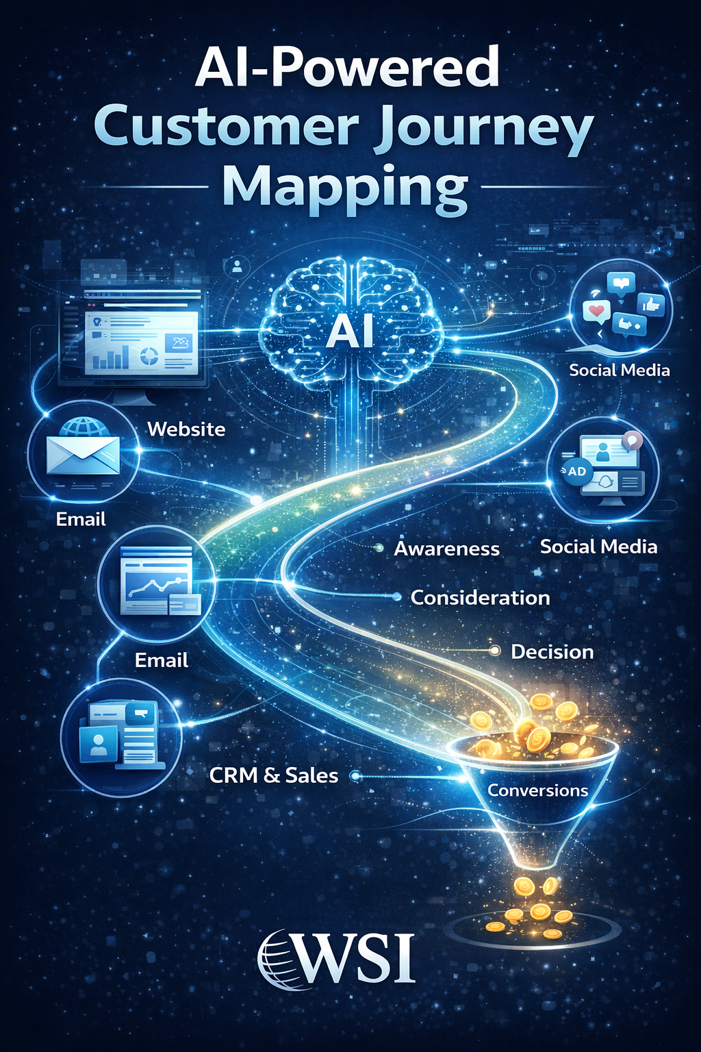 An AI-powered graphic showing a digital path from customer touchpoints through funnel stages to conversions by WSI.