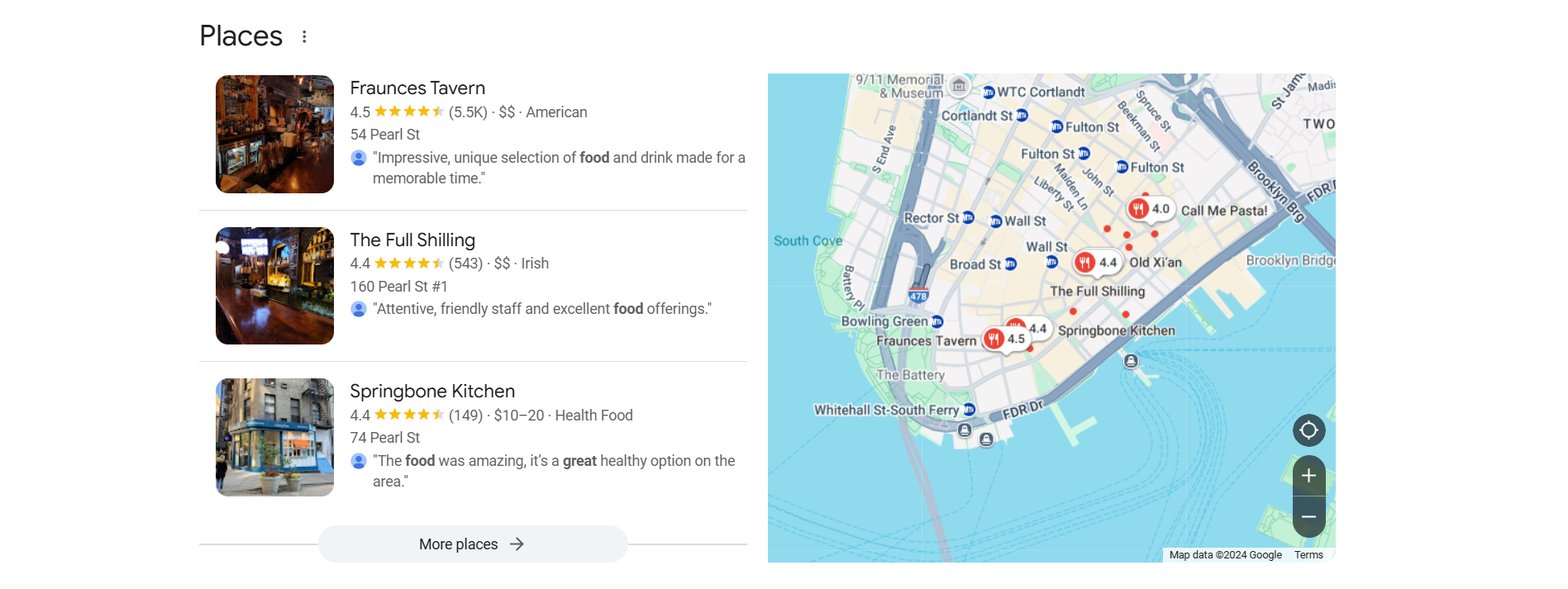 A Google Local Search showing a map of a Southern Manhattan, NYC with restaurant profiles