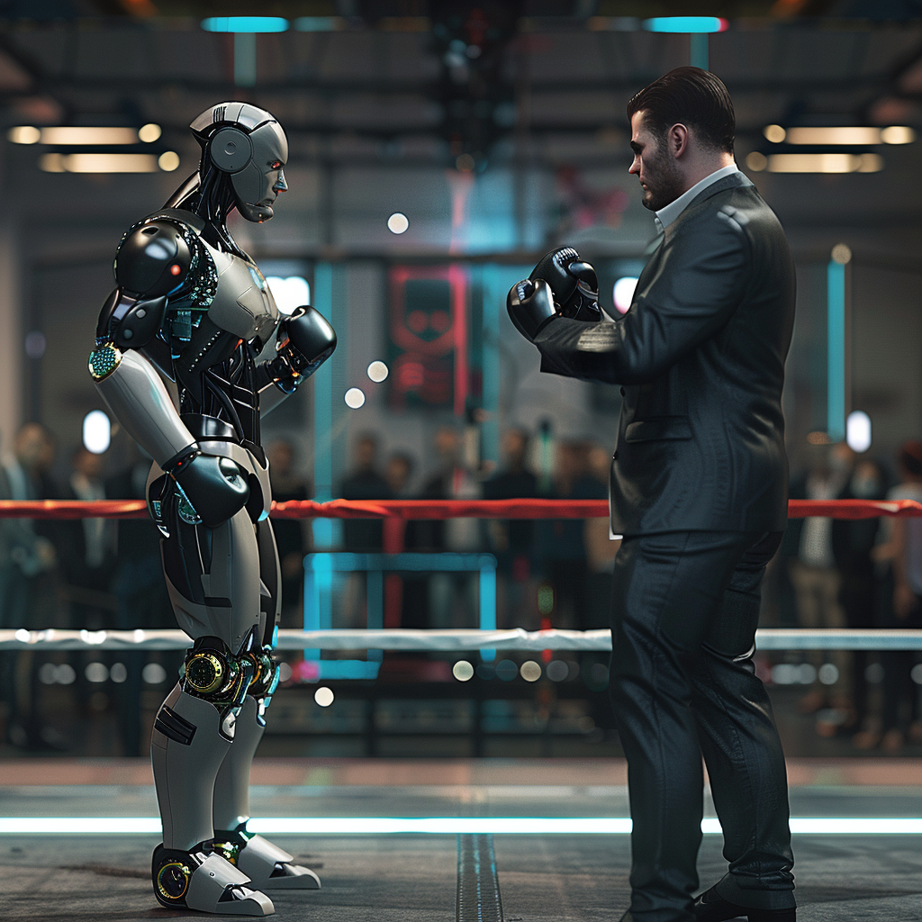 AI Robot vs Human Businessman in a boxing ring. Are you a speciesist?