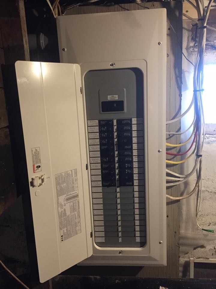 A white electrical box with the door open in a room.