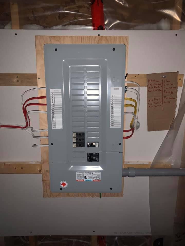 A electrical panel is mounted to a wall in a room.