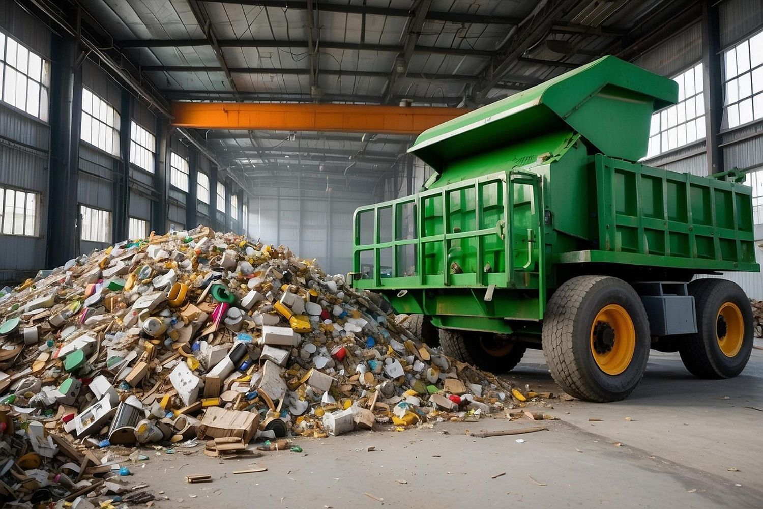 A green dump truck is loading a pile of garbage into a warehouse.