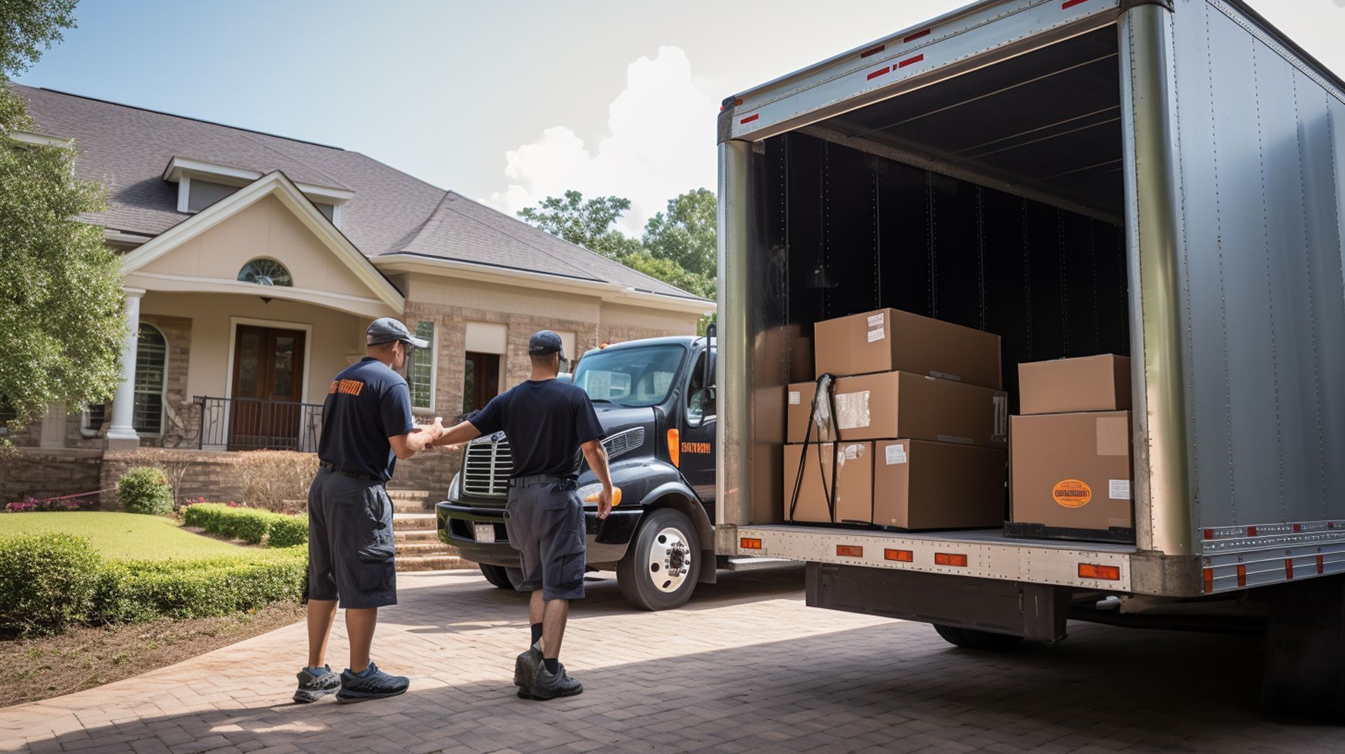 Two men are shaking hands in front of a moving truck.