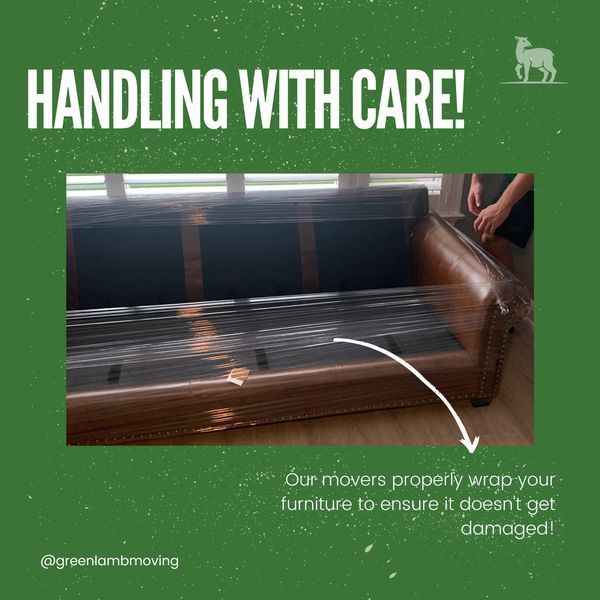 A picture of a couch wrapped in plastic with the words handling with care