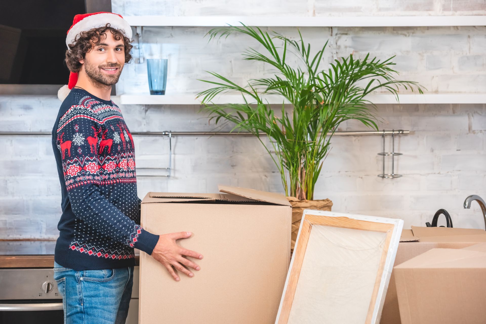Man in Santa hat and sweater smiles, holding a moving box in a kitchen with a plant.