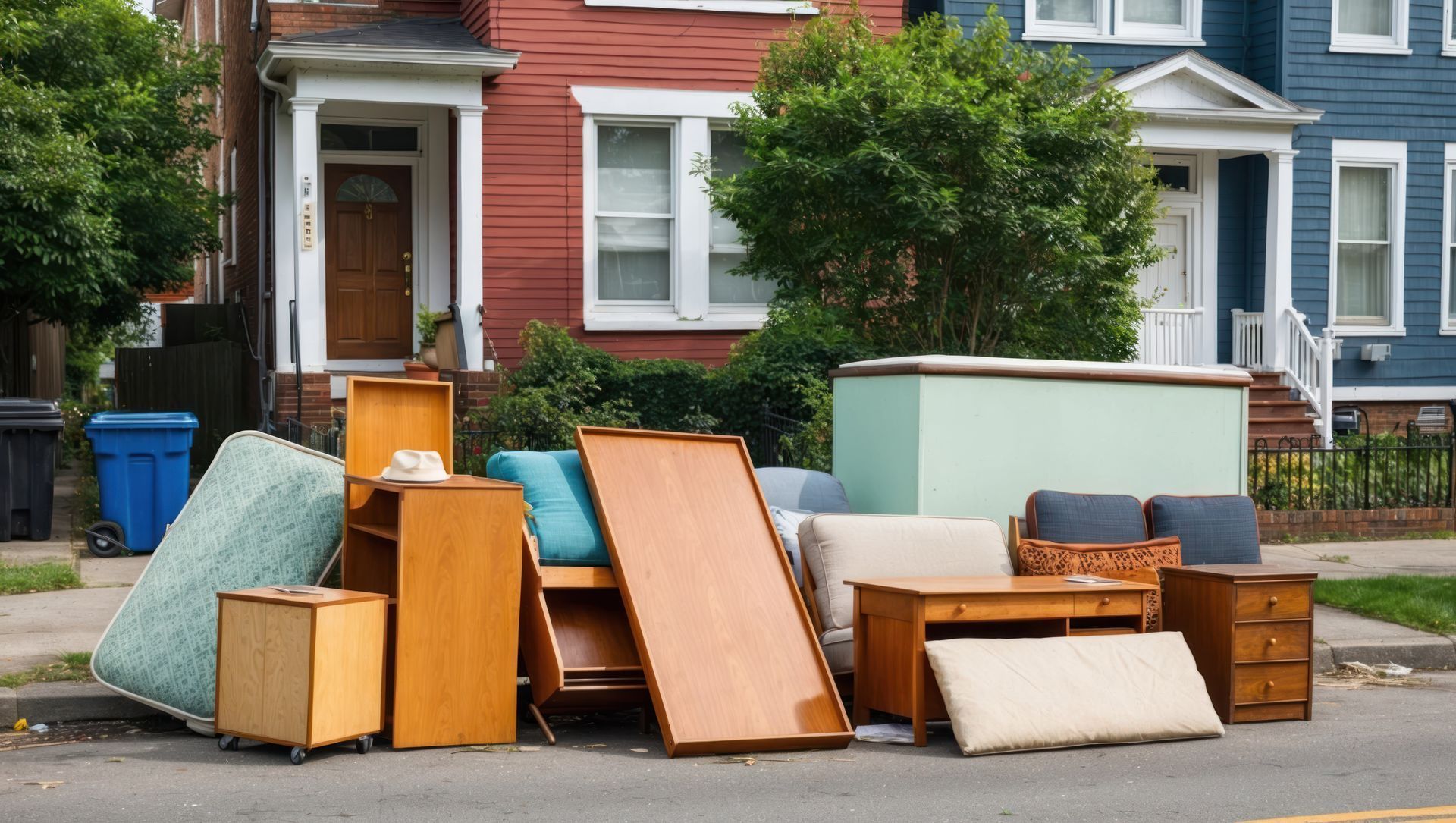 A bunch of furniture is sitting on the side of the road in front of a house.