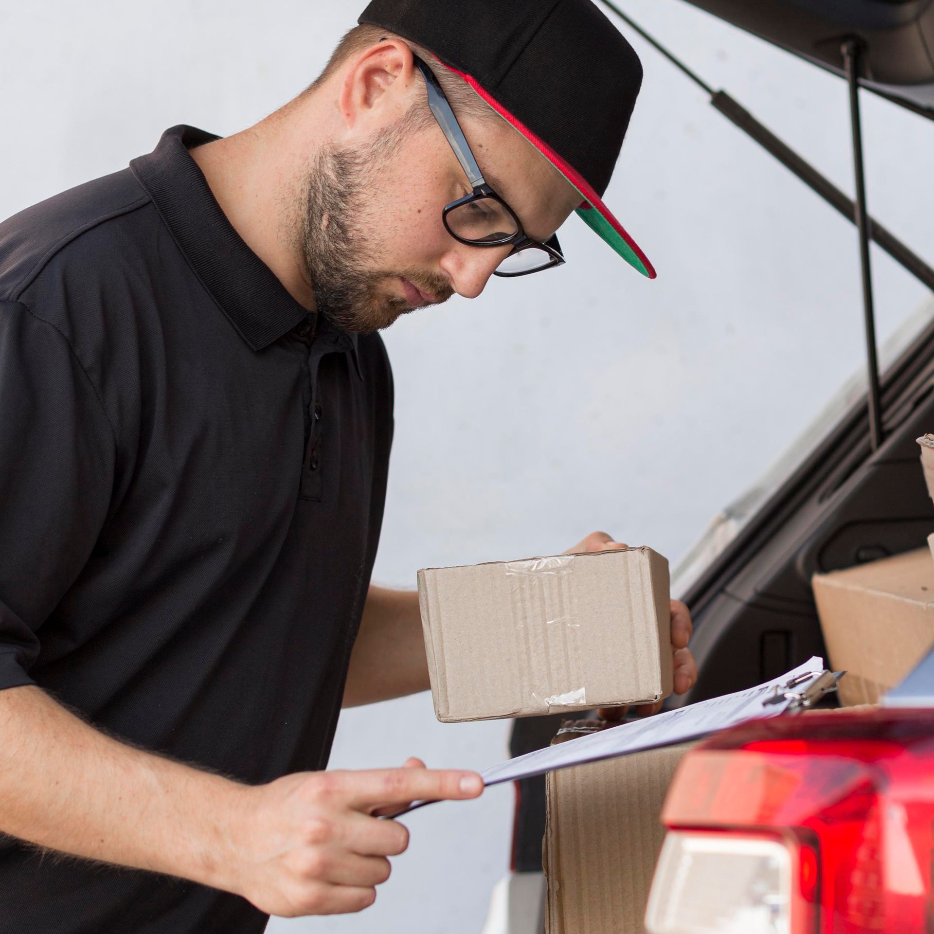 A man wearing glasses and a hat is looking at a box in the back of a car