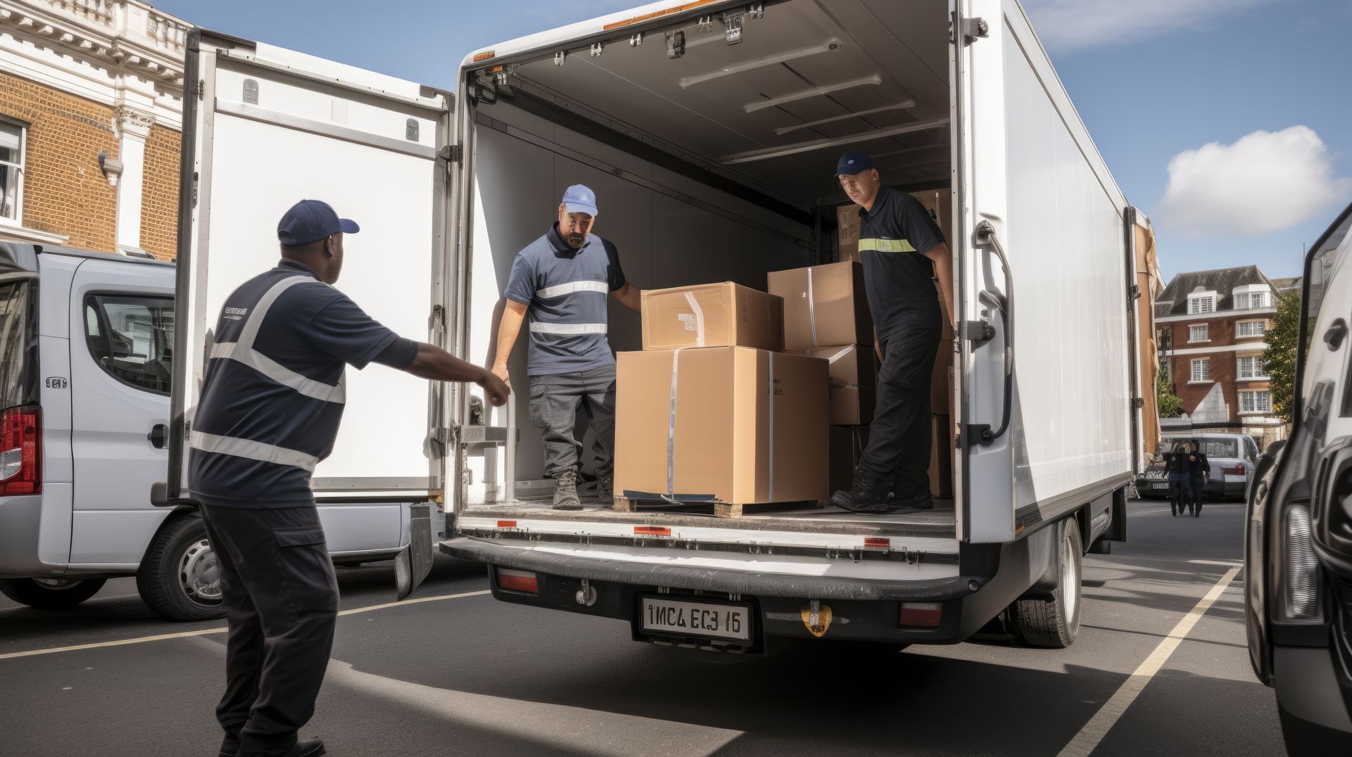 Two men are loading boxes into a truck in a parking lot.