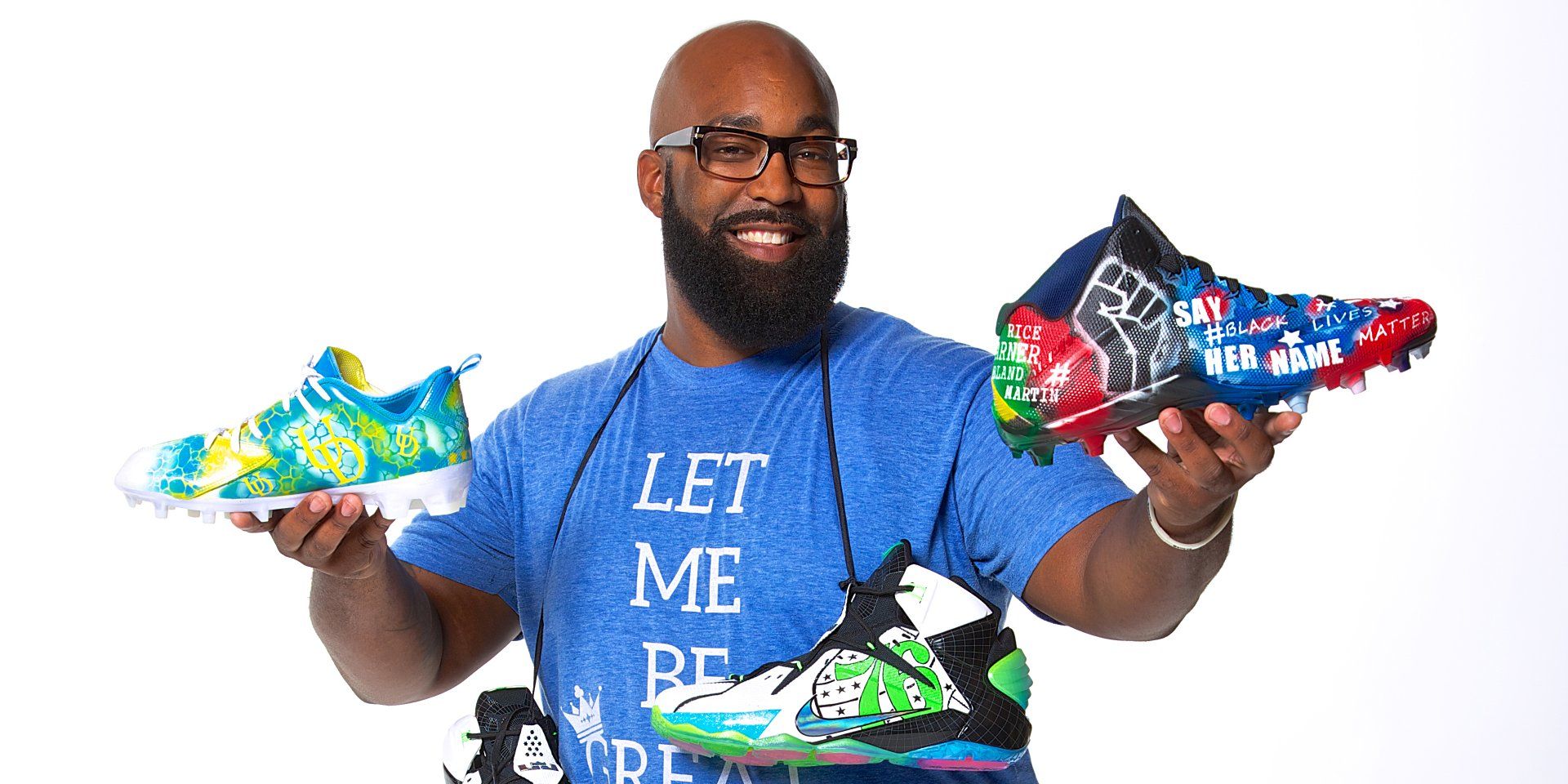 Eric Dorsey of Illustrative Cre8ions Poses With His Custom Cleats
