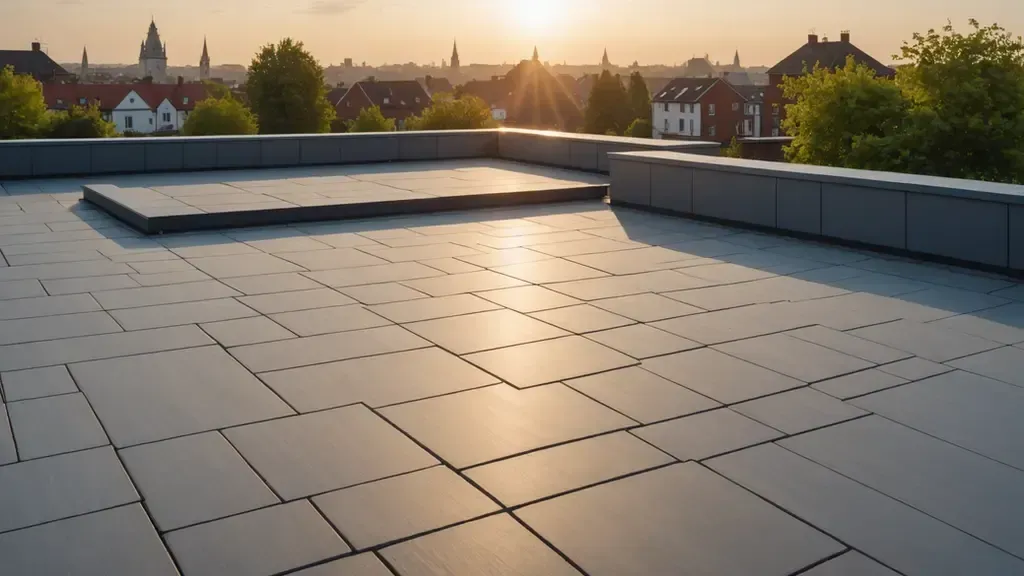 A rooftop with a view of a city at sunset. A rooftop with a view of a city at sunset.