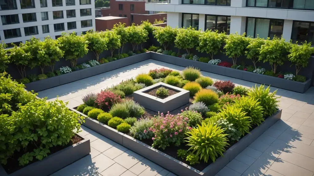 A rooftop garden with lots of plants and trees