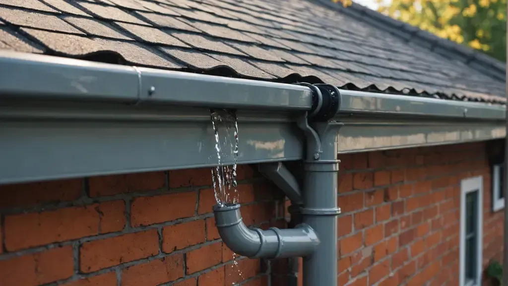 A gutter is leaking water from the roof of a brick building.