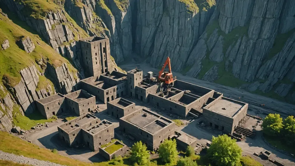 An aerial view of a castle in the middle of a mountain.