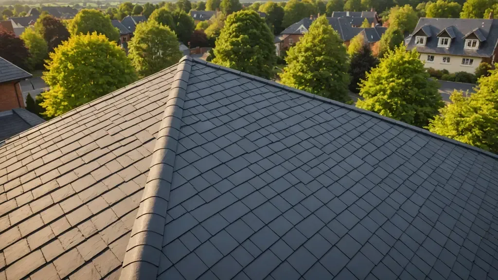 An aerial view of a roof with trees in the background An aerial view of a roof with trees in the background