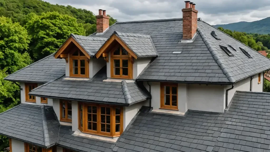 A large house with a slate roof and wooden windows