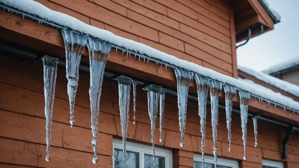 Icicles are hanging from the roof of a house. Icicles are hanging from the roof of a house.