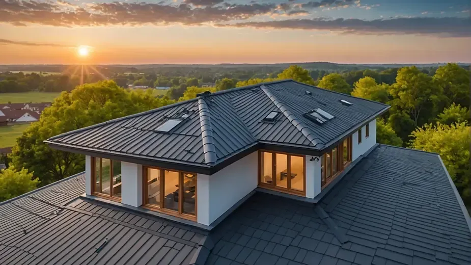 An aerial view of a house with a black roof and a sunset in the background.