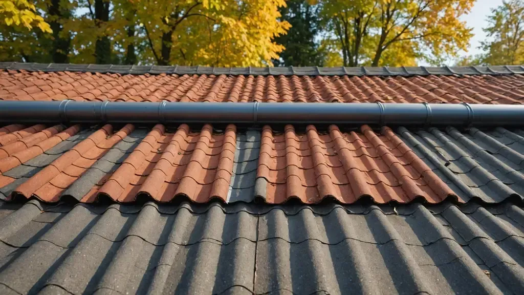 A close up of a roof with trees in the background