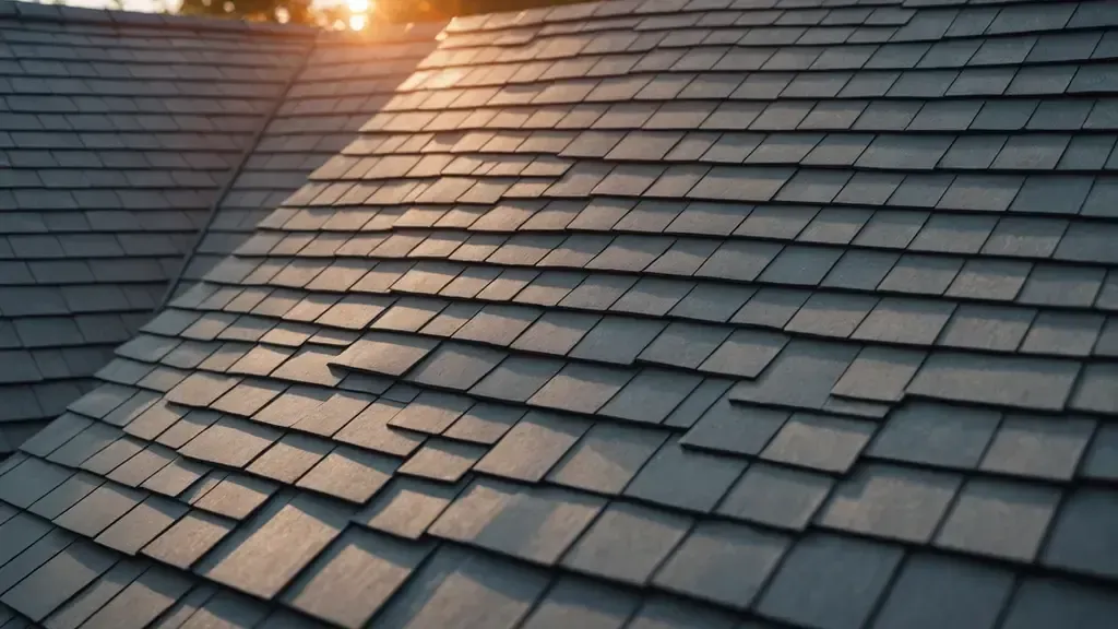 A close up of a roof with a lot of tiles on it.