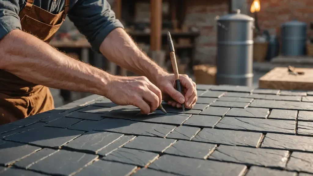 A man is measuring a roof with a tape measure. A man is measuring a roof with a tape measure.